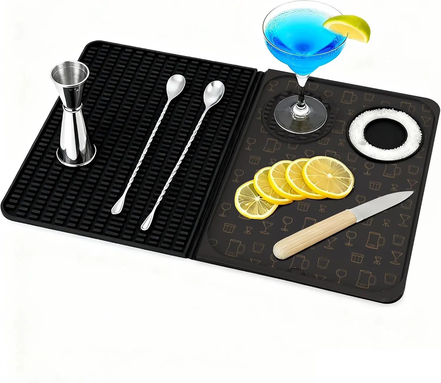 3-in-1 Folding Bar Mat with Cutting Board, 18"x12" Silicone Countertop Bar Mat for Cocktails & Bartending - Quick-Dry Design Doubles as Dish Drying Mat & Meal Prep Station, Non-Slip
