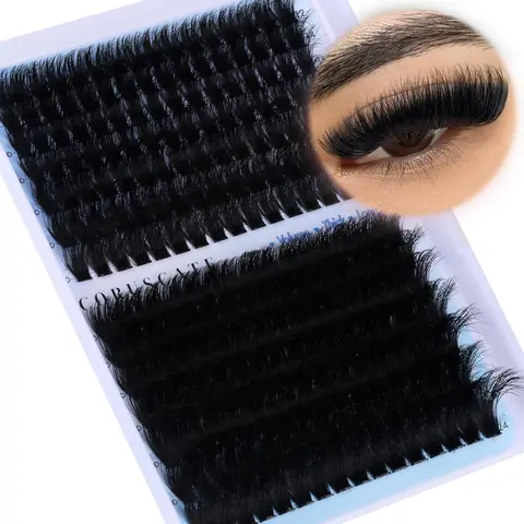 Plush Fluffy Eyelash Clusters 160D+200D, Volume Eyelashes, Voluminous Lash Extensions 12-24mm, Dramatic Long Mega Volume Lashes, Lightweight Individual Lashes, 224pcs Luxury DIY Lash Extension Kit