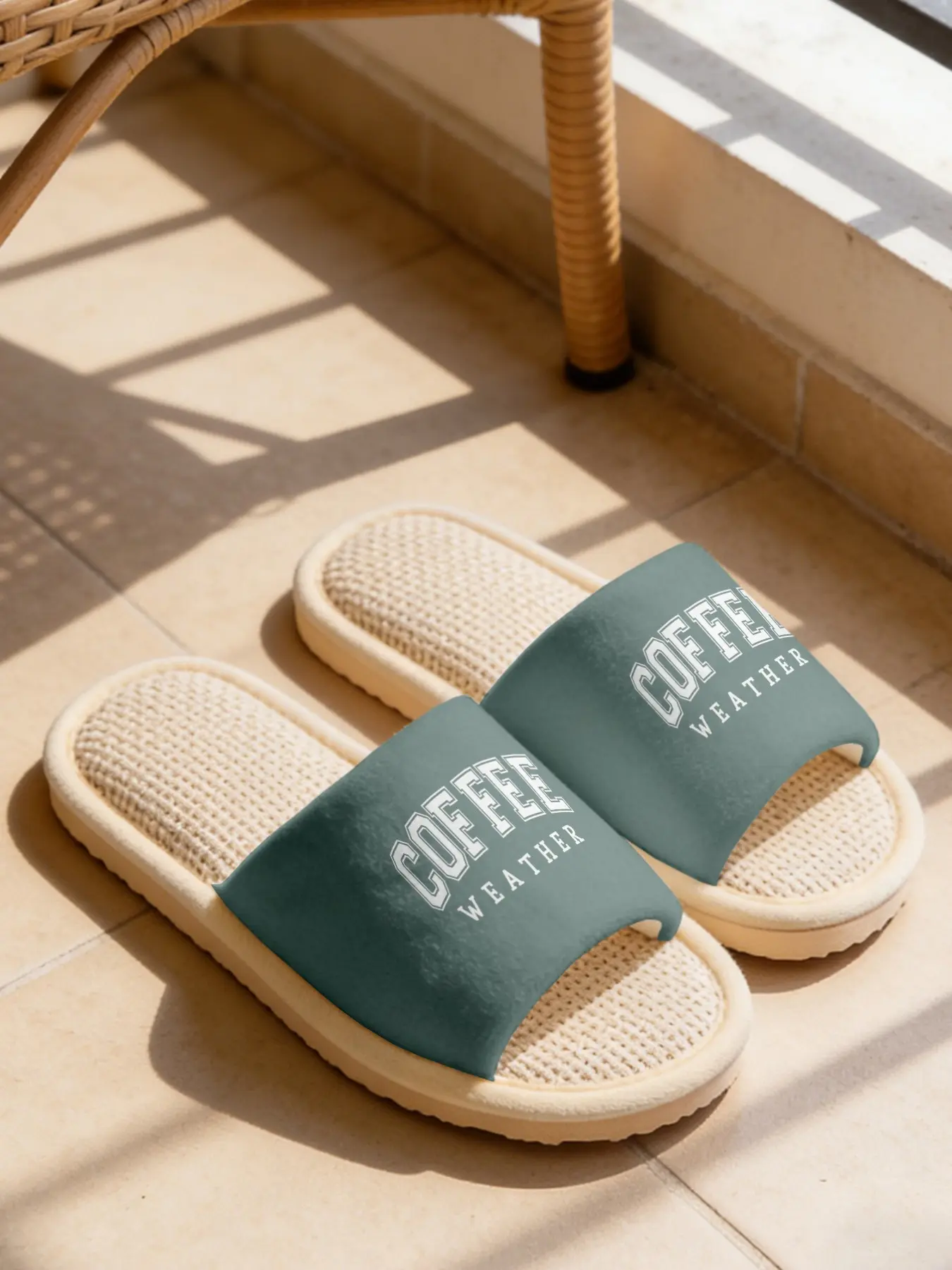 COFFEE WEATHER Slogan Print Linen Slippers Cloud-Feel Retro American Casual Style Must-Have For Coffee Lovers Daily Commute With Breathable Non-Slip