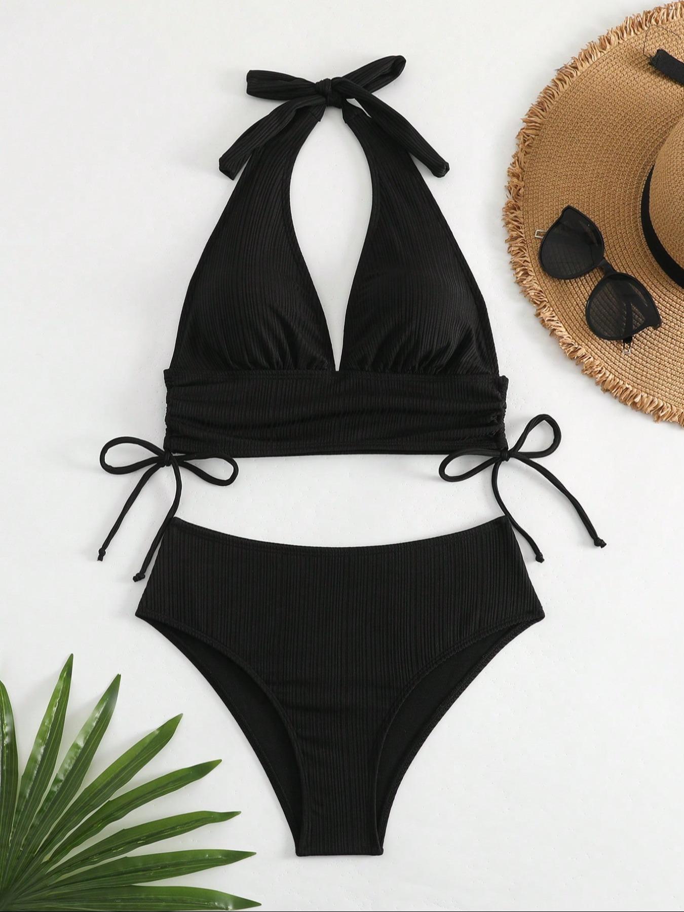 Two-Piece Set Women's Solid Color Bikini Set, Casual Fashion Chic Swimsuit Set, Ladies Swimwear for Beach Holiday Vacation