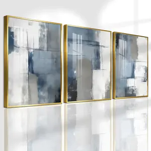 3 Count Aluminum Alloy Frame Canvas， Blue And Grey Abstract Minimalist Art， Fashion Poster， Modern Living Room Decoration， Light Luxury Family Art， Suitable For Bedroom， Corridor And Office Wall Decor， Gift