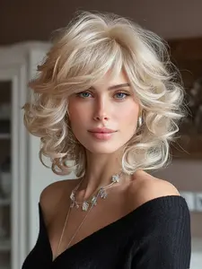 12 Inch High Temperature Fiber Wavy Hair Roll, Natural Puffy Bangs Synthetic Wig for Women, High Quality Festival Wear, Synthetic Curly Wigs