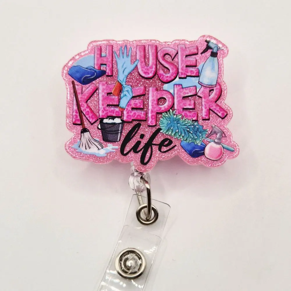 Housekeeper Life Pink Glitter Acrylic Retractable Badge ID Reel with Belt or Alligator Clip for Cleaning Professionals nurse week