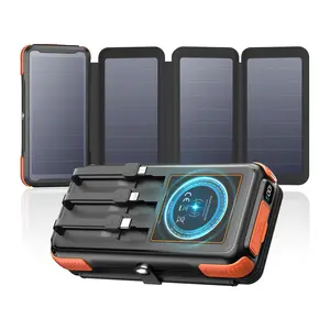 49800mAh Solar Charger Power Bank, 20W Fast Charging Portable Charger with Built-in 3 Cables & 4 Solar Panels, USB C Solar Battery Bank with LED Flashlights for Smartphones, Tablets