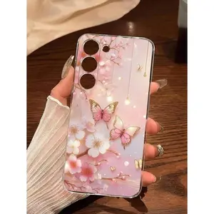 1pc Pink Peach Blossom & Butterfly Design Transparent Soft Phone Case, Compatible With Samsung Galaxy A04e/12/A13/A14/A34/A50/A52/A53/A54/S21/S22/S23/S24/S25/S25Ultra