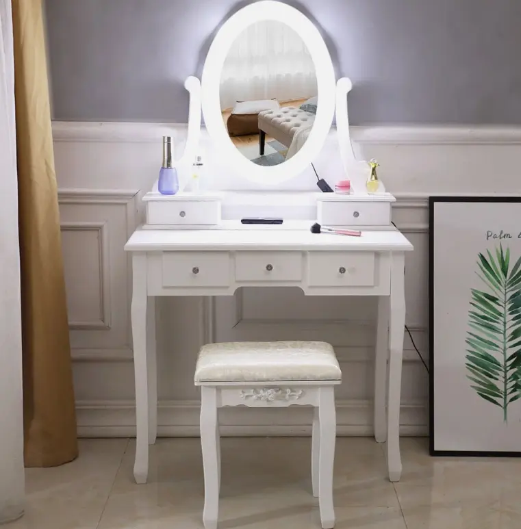 Fancy Backlight Makeup Vanity Table Set - Classic Compact Glowing Light LED Vanity with 10 LED Mirror, 5 Drawers and Stool, Backlight Makeup Vanities, Classic Makeup Vanities