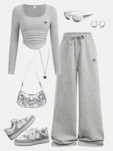 Teen Girls' Four-Season Casual Athleisure Outfit Long Sleeve Tee & Sporty Pants Set, Comfortable Solid Pattern, Ideal for Daily Wear, Shopping, Sports, Parties