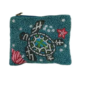 Handmade Beaded Coin Purse - Embroidered Turtle Design with Star and Flower Accents Green Fabric Zipper Closure Casual Style