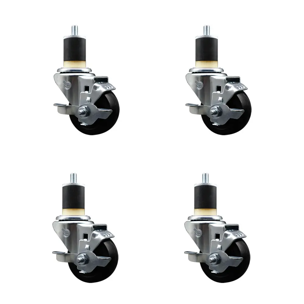 212 MAIN SCC-EX20S314-HRS-TLB-178-4 Heavy Duty Lockable Hard Rubber Swivel Expanding Stem Casters (Set of 4) with 3x1.25 in. Black Wheels and 1.87 in. Stems, Lockable Wheels