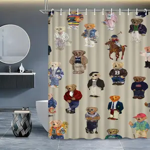 Vintage Academy Style Polo Bear Bathroom Set, 4-Piece Bath Ensemble, Retro Aesthetic, Perfect for Trendy Meme Lovers, Shower Curtain Set, High Fit Item