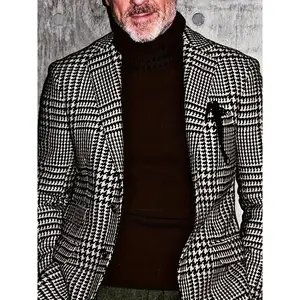 Men's Slim Fit Casual Business Blazer - Single-Breasted Houndstooth Plaid Lapel Notch Collar, Machine Washable Non-Stretch Fabric for Spring/Fall Office & Semi-Formal Wear, Spring Outerwear, Sophisticated Appearance, Tailored Suit Jacket, Fall Outerwear,
