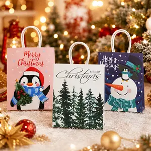 18 Pcs Assorted Christmas Kraft Gift Bags with Handles, Xmas Printed Goodie Treat Bags, Multipurpose Holiday Birthday Classroom Party Favor Packaging Bags for Small Gifts Candies Snacks