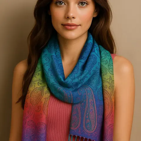 Oversized Rectangle Paisley Print Boho Style Scarf - 78x27 in, Lightweight Flow, Violet-Yellow Fade, Rainbow Fringe, Radiant Detail, Classic Chic Finish, Fashion Shawl Ruana Wrap, Engagement Anniversary Gift, Chic Shawls