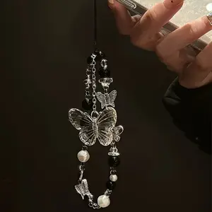 Sweet Cool Phone Charm, Y2K Butterfly Chain, Abs Resin Handmade Beaded Short Rope Wristband, Fashion Transparent Bow Keychain Accessory, Phone Wrist Strap, Phone Chains