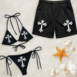 Black Cross Matching Couple Swimwear Set, Gothic White Cross String Bikini & Mesh Swim Trunks, Fun Gift for Couples Vacation XFV