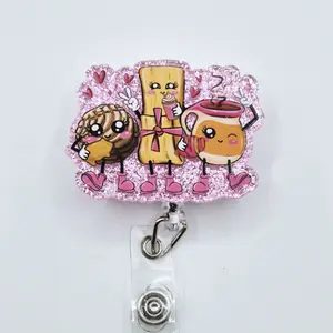 Mexican Snacks Concha, Tamal, y Cafecito Pink Glitter Acrylic Retractable Badge ID Reel Belt or Alligator Clip with Dark Pink Heart Embellishment