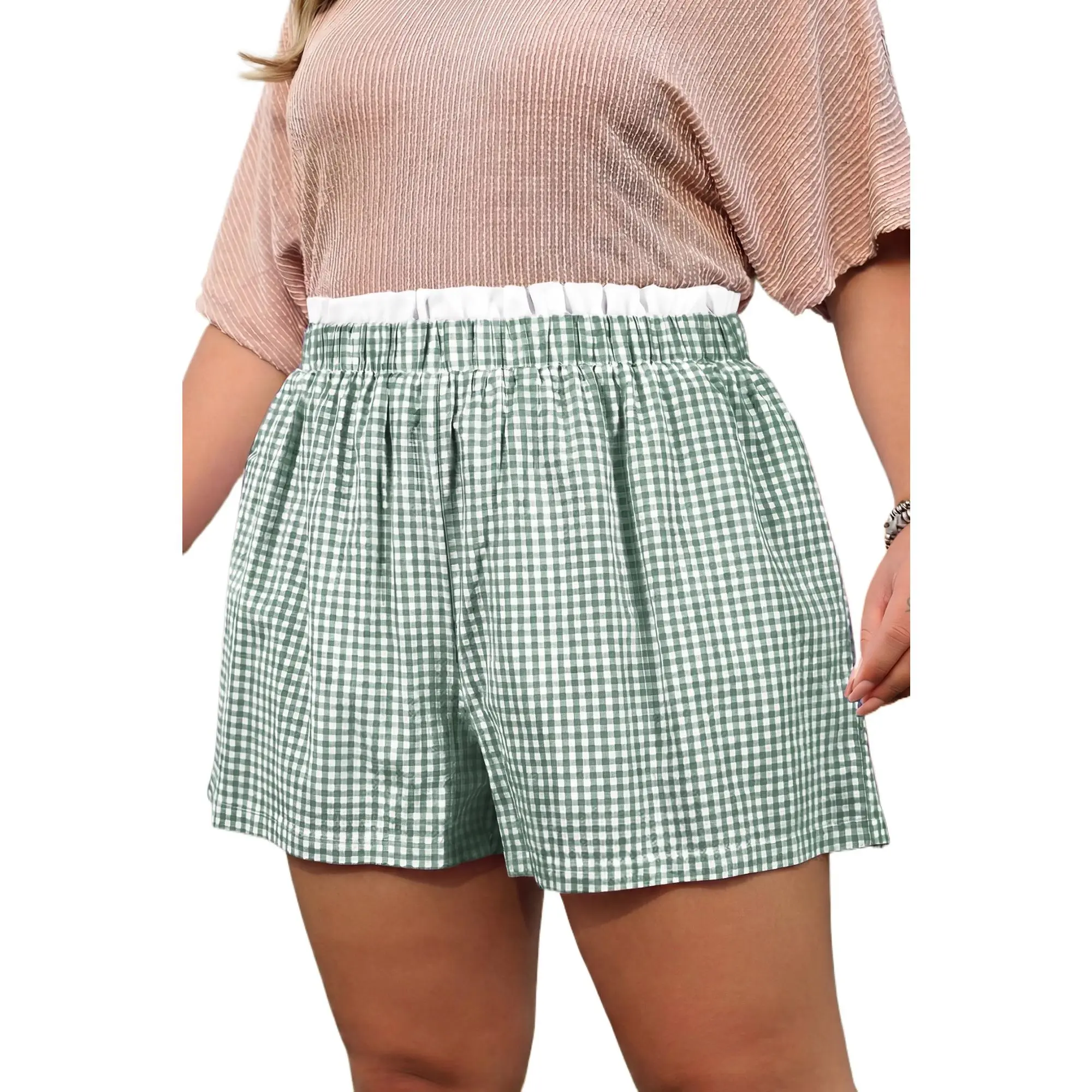 Plus Size Women's Green Plaid Shorts with Contrast Trim – Casual Summer Style for Everyday Wear