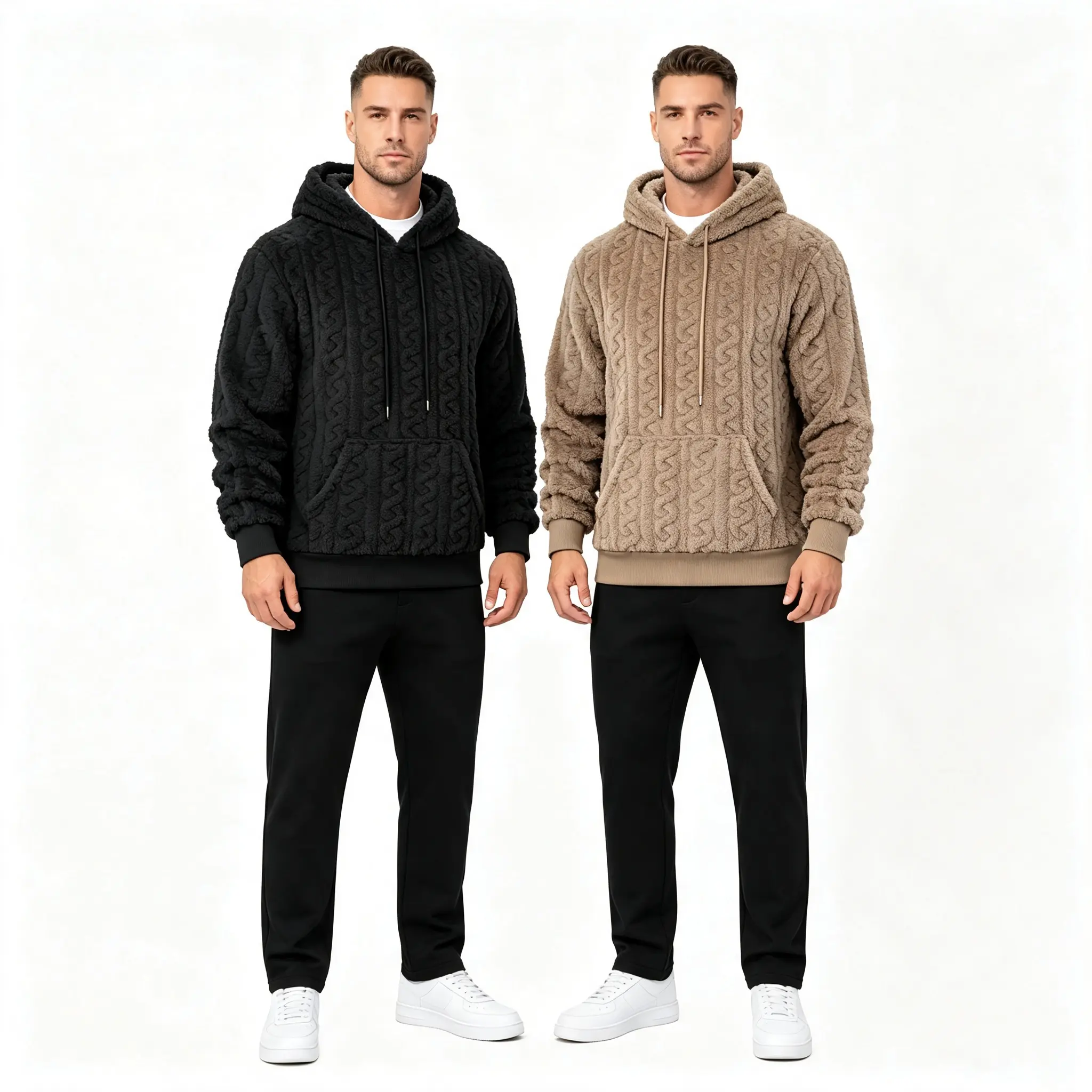 Men's 2-Pack Plush Knit Textured Hoodies, Menswear Tops with Soft Fleece Lambswool Drawstring, Longsleeves Loose-Fit Pullover, Multi-Function Kangaroo Pocket, Suitable for Everyday Outdoor Wear, Casual
