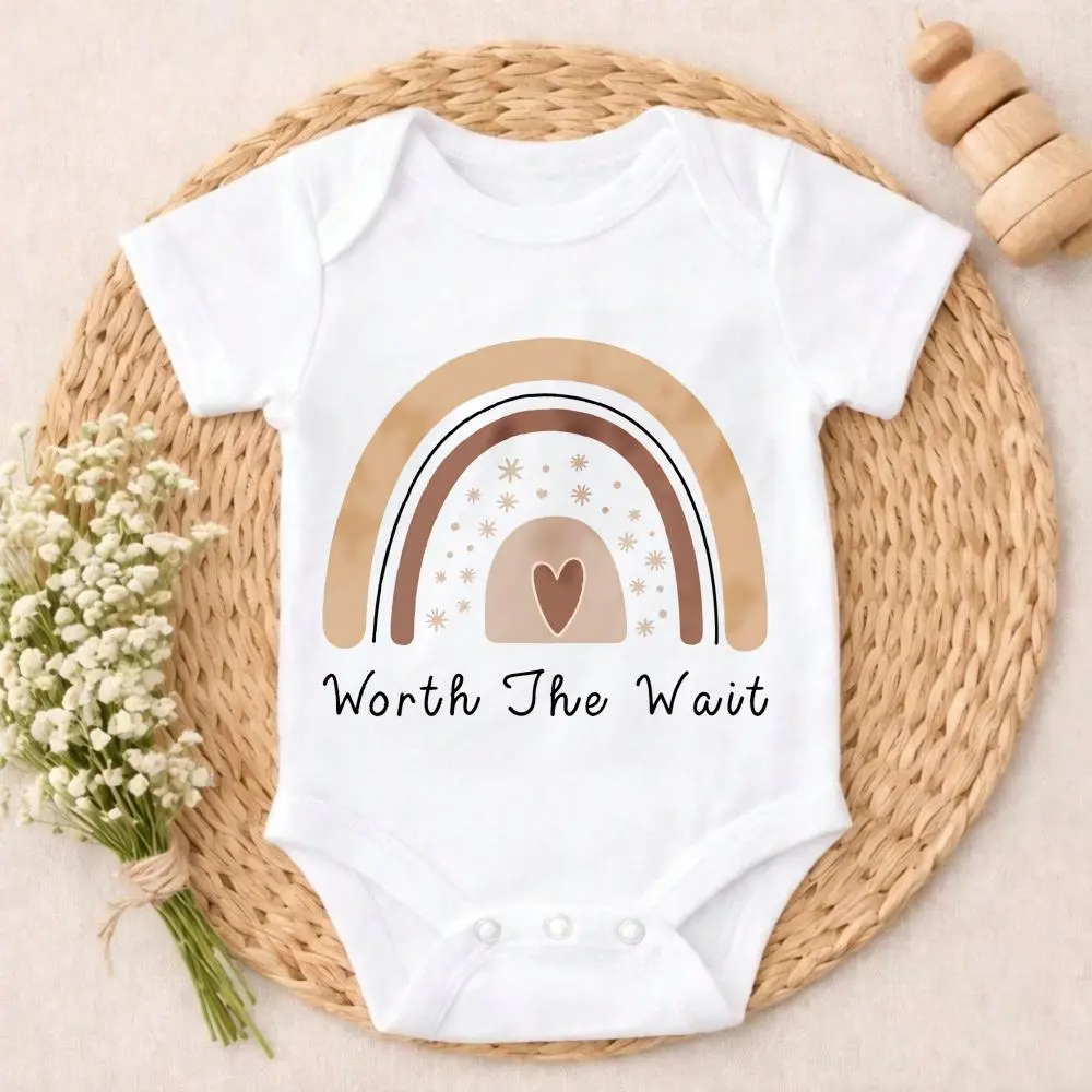 Newborn Baby Bodysuit Romper Rainbow Heart Stars Worth The Wait Baby Shower Gift Neutral color scheme Casual Wear newborn baby clothes Perfect Gift for New Parents