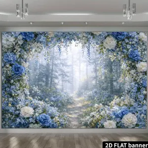 A 2D Blue Floral-Themed Backdrop Featuring Hydrangeas And Roses Arranged in an Arch Shape Adorned with Hanging Floral Vines And Green Leaves. The Background Showcases a Blurred Flower Path. Made from And Wrinkle-Resistant Polyester Fiber