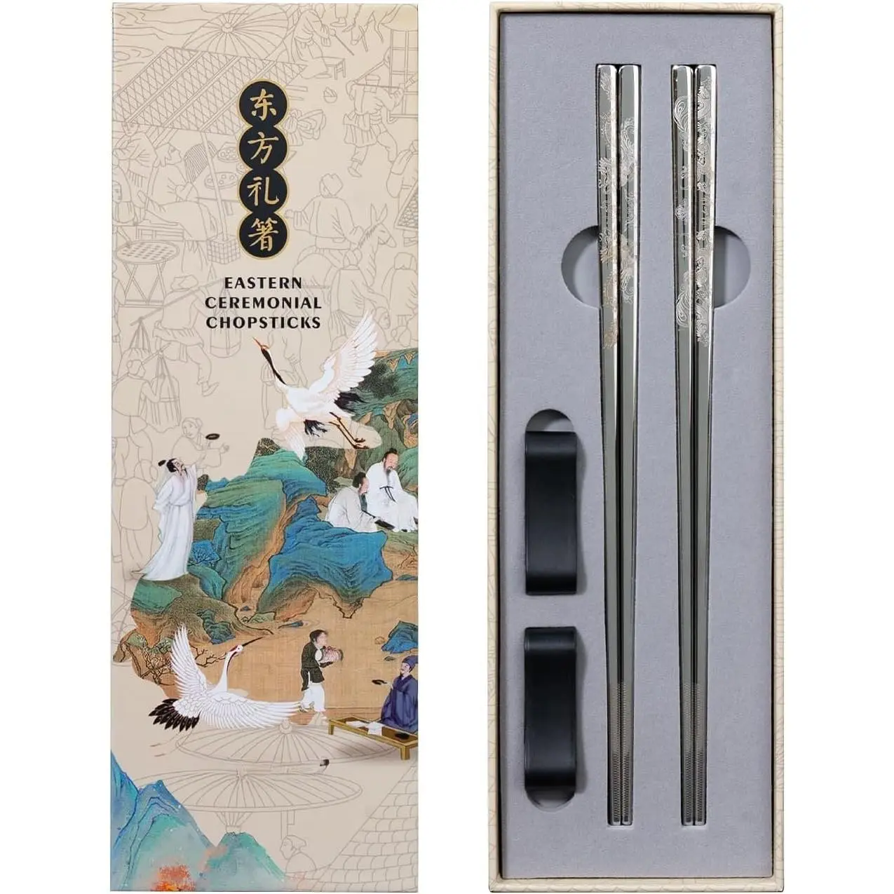 Reusable Metal Chopstick, -Engraved Non-Slip Grip, Dishwasher Safe,  & Korean Style, 2 Pairs Stainless Steel Chopsticks Gift Set for Cooking, Dining & Travel (9")