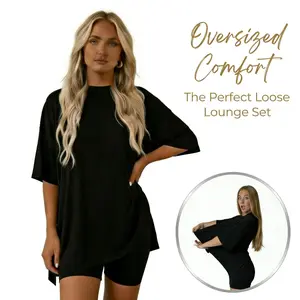 Women's Summer Crewneck 2 Piece Loungewear Set, Oversized Split Hem Top & Biker Shorts with Side Pockets, Soft Lightweight Viscose Loungewear outfit