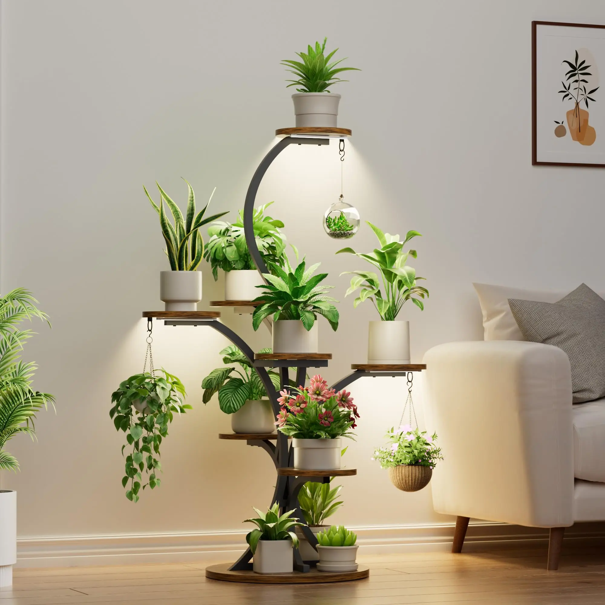 Plant Stand Indoor with Grow Lights - 8 Tiered Tree-Shaped 46.3" Tall Corner Metal Plant Shelf, Grow Light Shelf Display for Indoor Plants Multiple, Flower Holder for Living Room Patio Balcony Décor