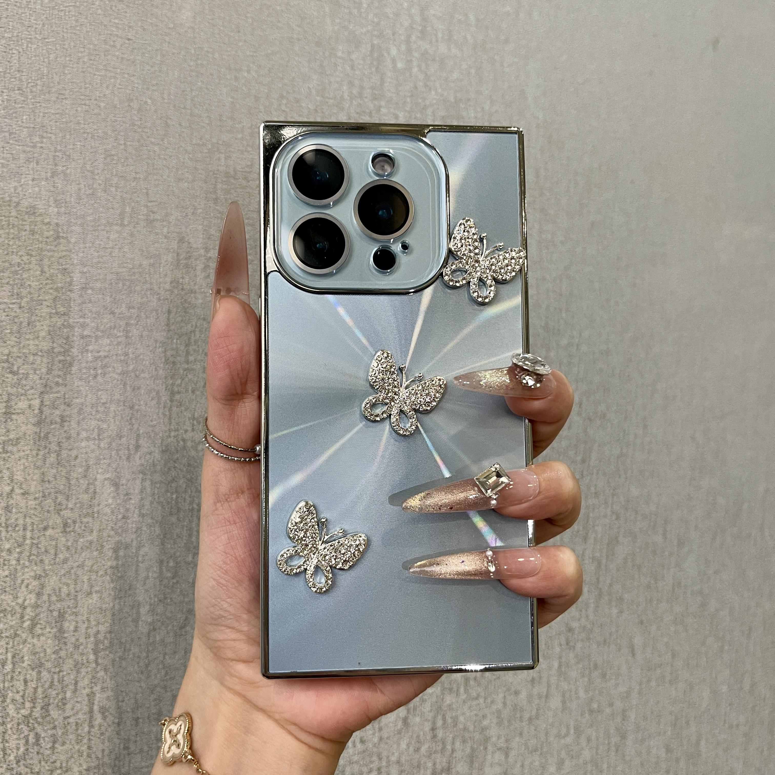 Luxury 3D Rhinestone Butterfly Square Edge Phone Case, Bling Glitter Electroplated Full Camera Protection Shockproof Cover for junk