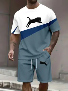 Trendy Color Block Leopard Print T-shirt & Shorts Set, Men's Casual Sport Knee-Length Pants Two-Piece, Loose Breathable