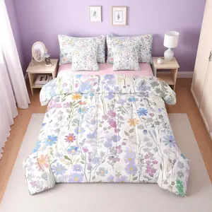 7 Piece Cute Boho Floral Bed Set,Colorful Wild Flower Comforter Set for Kids Girls Women,Bohemian Decor Rustic Flowers Bedding Set with Fitted Sheet,Flat Sheet,Pillowcases