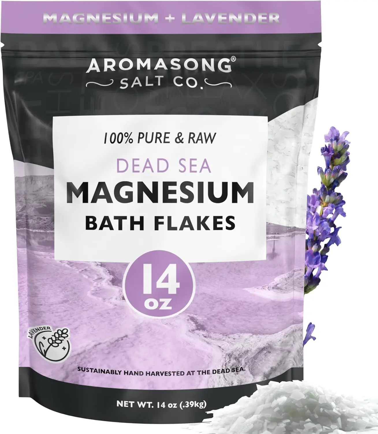 AROMASONG Raw Dead Sea Magnesium Bath Flakes, Natural Lavender Bath Salt for Soothing Muscle Relief and Body Care, 14 oz