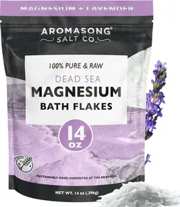 AROMASONG Raw Dead Sea Magnesium Flakes Lavender 14 Oz Body Care Soothing Cleanser for Muscle Relaxation & Stress Relief