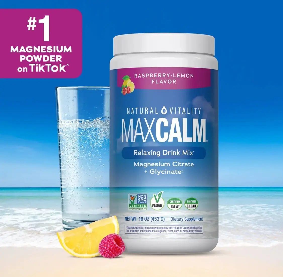 Relaxing Drink Mix - Anti Stress Drink Mix - With Ionic Magnesium Citrate + Glycinate - Raspberry Lemon Flavor - 16 oz (453 g) - 113 Servings