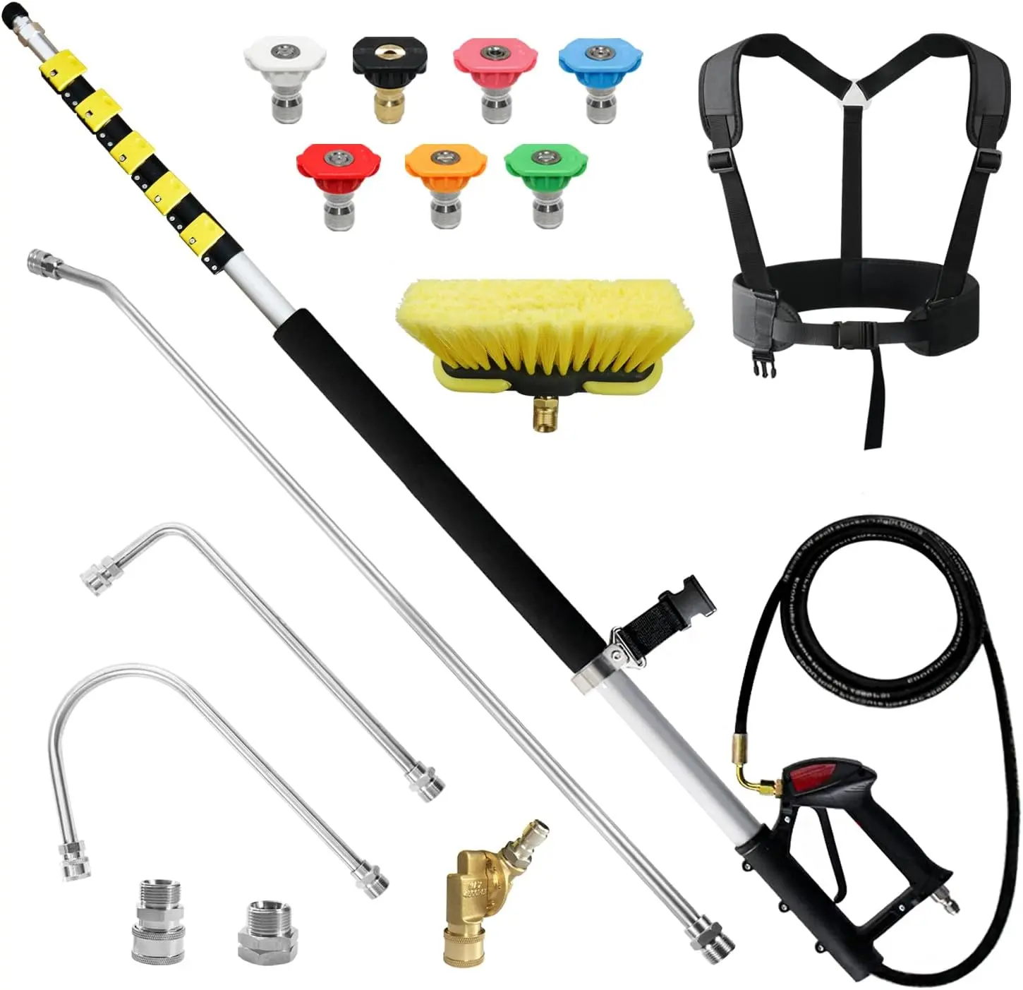 25 FT Pressure Washer Telescoping Wand with Extension Wands | Gutter Cleaner Attachment, 7 Spray Nozzle Tips, 2 Hose Inlet Adapters, Pivoting Coupler and Support Harness