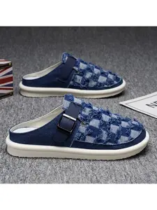 Summer New Checkered Half Slip Canvas Shoes Men Street Trendy  Lazy One-Step Casual Slippers Slip On Mules