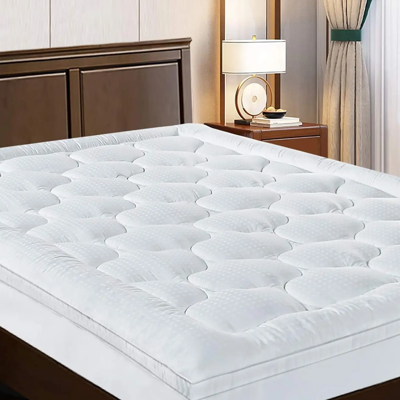 EASELAND Pillow Top Mattress Topper - Quilted Fitted Cooling Cover, Cotton Top, Extra Thick Pad with 8-21-inch Deep Pocket, Breathable, Machine Washable Cold Wash, Ideal for Cal King/Twin XL Bedroom Use, Quilted Grid, Fitted Elastic