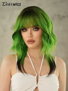 20 Inch Green Cosplay Wigs With Bangs For Women - Loose Shoulder Length Wavy Curly Wig With Black Hair Wolf Cut, Heat Resistant Fiber Hair Synthetic Machine Colored Costume Wig, Loose Wave Wig For Halloween Wear, Music Festival Party, Anime Dressing Pho