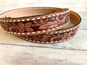 Medium / Light Leather Tooled Handbag Strap with White Buckstitch