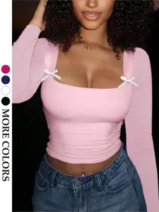 Women's Fashion Slimming Top, Long Sleeve, Minimalist High-End Design, Fitted Casual Style, Suitable for All Seasons, Plain Pattern, Everyday