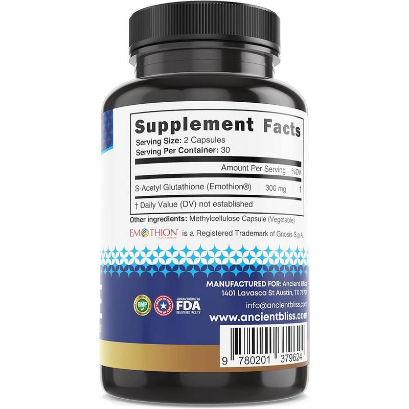 Ancient Bliss S-Acetyl Glutathione Supplement - Cellular Antioxidant & Immune Support for Men & Women - 60 Capsules - Non-GMO, High Bioavailability