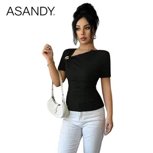 ASANDY Women's Short Sleeve Asymmetrical Neck Top Metallic Decor Ruched Waist Slim Fit Blouse Textured Solid Color Elegant Silhouette Versatile Style Perfect For Office Work Date Nights Brunch & Casual Daily Looks
