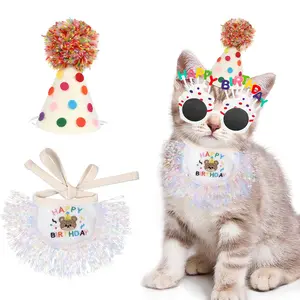 3pcs Happy Birthday Set for Pets Cat and Puppy Tassel Bow Tie Party Decorations Cat Birthday Outfit Party Hat Dog Costumes Cute Lace Puppy Bib Scarf Party Decorations Set for Small Medium Cats & Doggy
