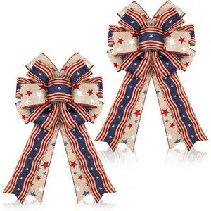 2 Pcs Memorial Day Bows 4th of July Patriotic Burlap Bow Red White Blue Stars Tree Topper American Flag Wreath for Indoor Outdoor 250th Anniversary Independence Party Rustic Decoration