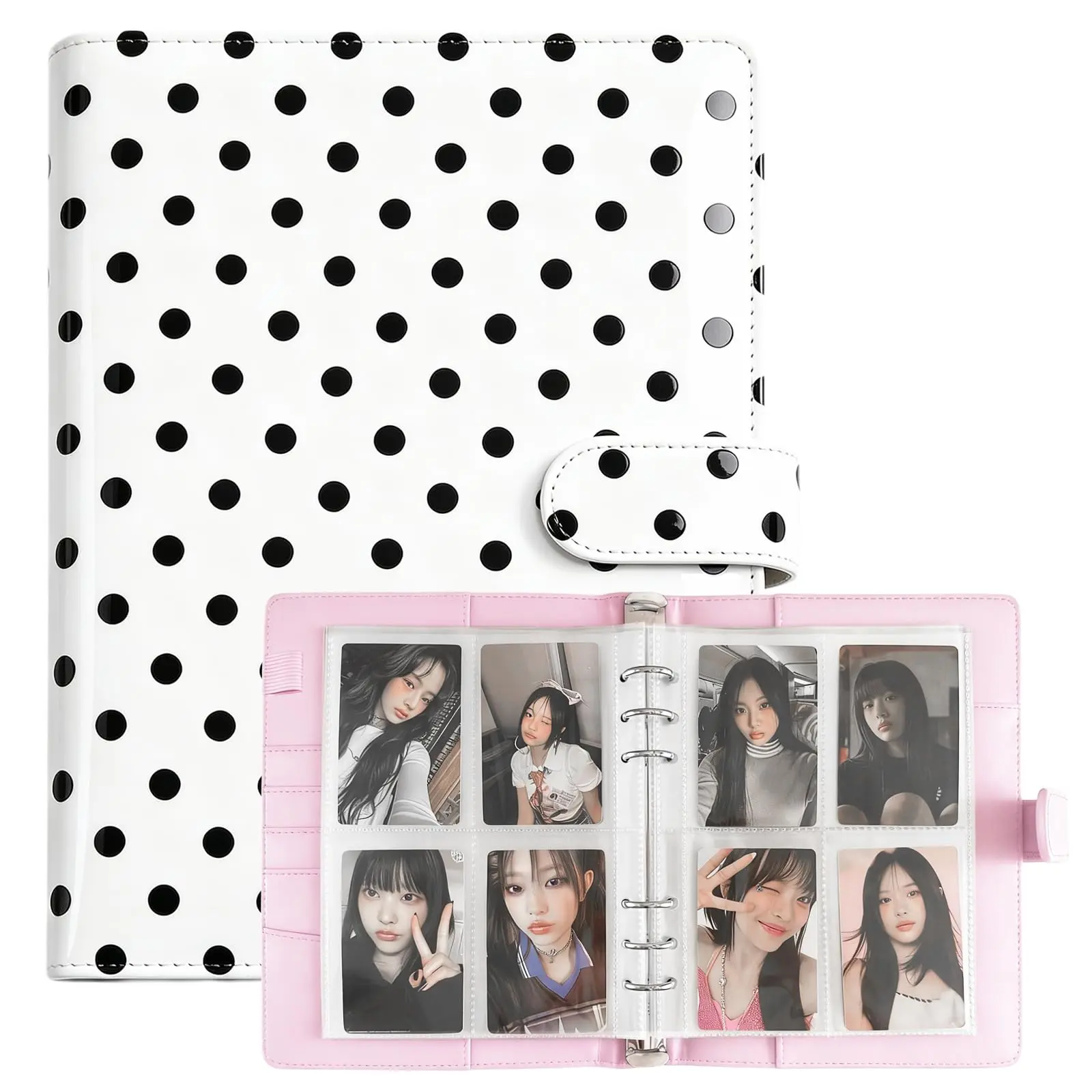 Great Gift A5 Kpop Photocard Binder, 6-Ring 200-Slot Album with Polka Dot Pink Cover, PU Leather Magnetic Closure Trading Card Organizer for Collectors