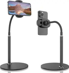 Cell Phone Stand, Adjustable Height & Angle Gooseneck Stand for Desk Flexible Arm Universal Holder,  Alloy Desktop Recording Compatible with 3.5"-7" Device (Black)