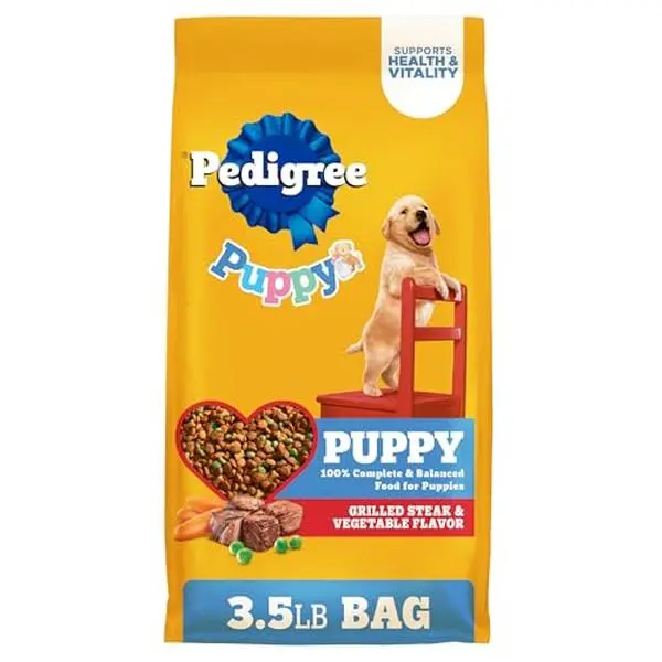 Pedigree Puppy Dry Dog Food, Grilled Steak & Vegetable, 3.5 lb | complete & balanced, 36 vitamins & minerals, nutrients similar to mother's milk, supports brain development