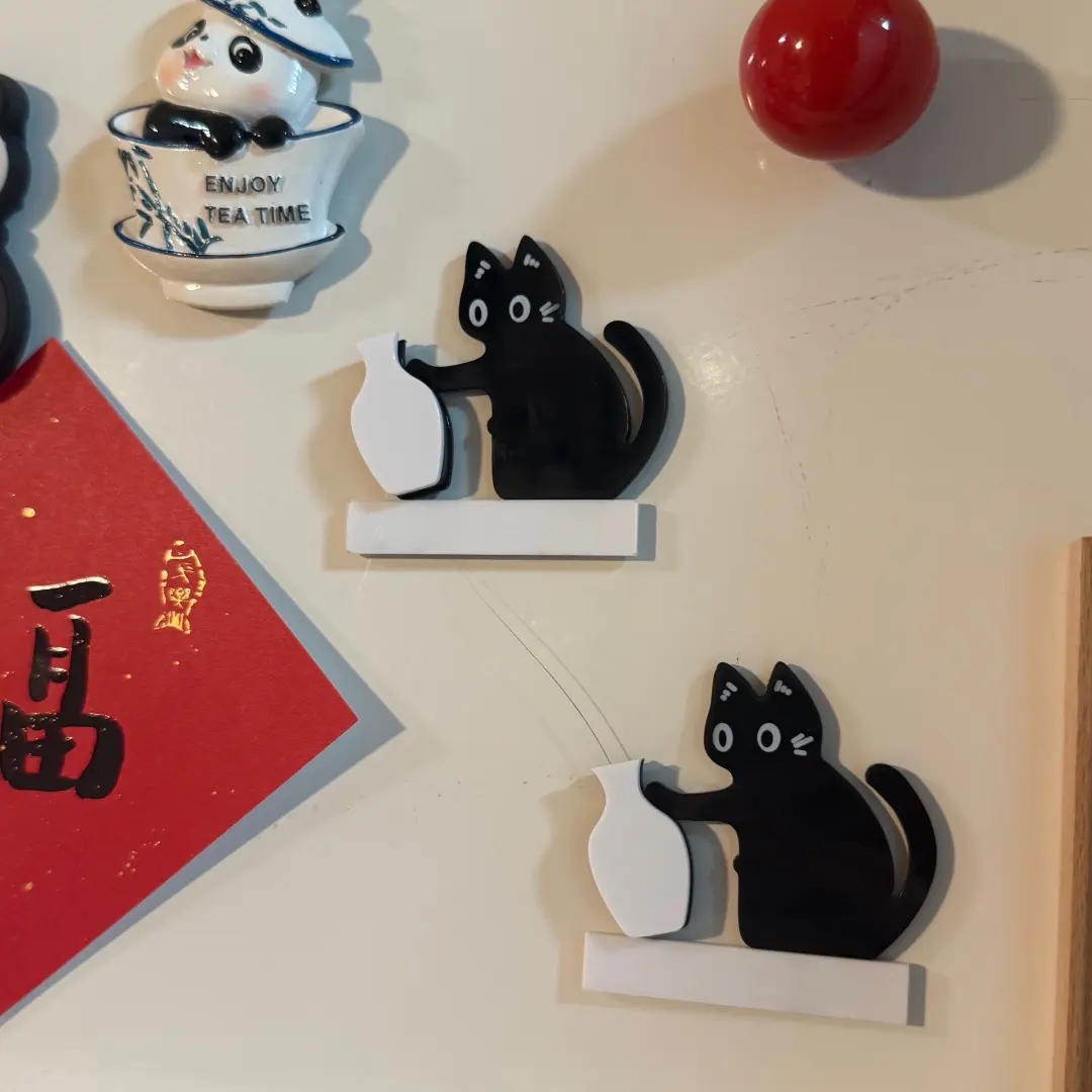 Happy Sumi Black cat pushing a vase-shaped catnip storage device, cute cat fridge magnet with cat whiskers, cat whiskers magnetic cat sticker