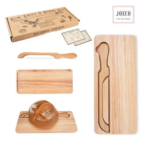 Sourdough Bow Knife & Wooden Cutting Board Set — 2-in-1 Bread Slicer with Built-In Magnetic Knife Storage | Display Tray for Artisan Sourdough, Bagels & Baguettes | Premium Stainless Steel Serrated Knife & Natural Rubberwood Board, Gift for Bakers