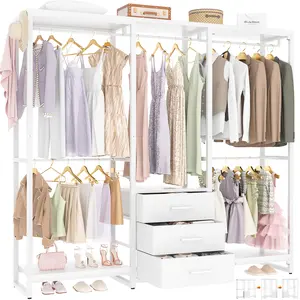 Garment Rack Heavy Duty Clothes Rack for Hanging Clothes,Clothing Rack with Drawers, Wood Stoarge Shelf Freestanding Closet Wardrobe Rack, Corner L Shaped Closet System Organizers Hangable Grey