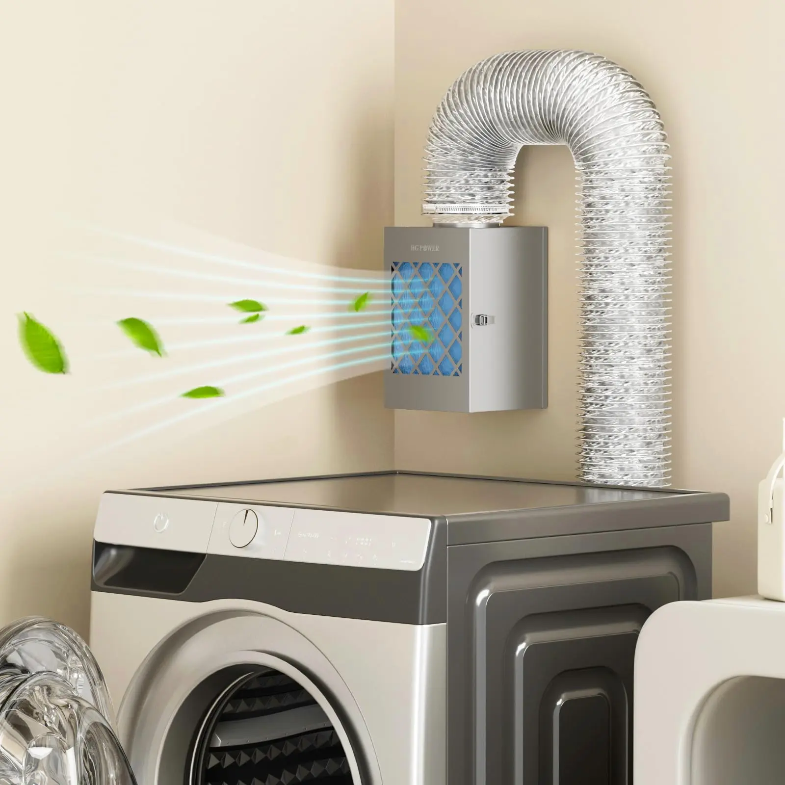 HG Power Metal Dryer Vent Box with Safety Flap Lint Trap Indoor Dryer Vent Kit for Electric Dryer Space Saver with Polyester Filters and Hose
